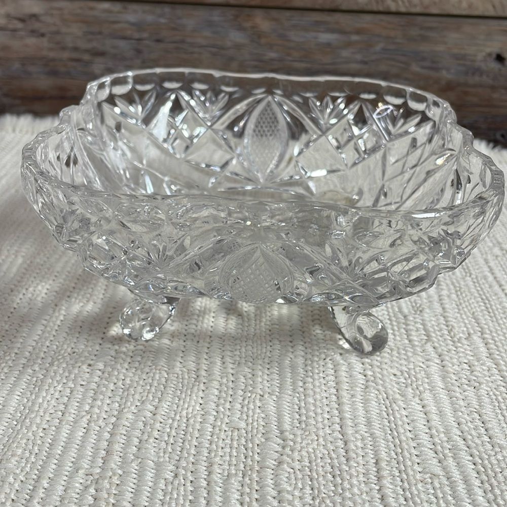 Vintage Etched Glass Candy Dish , 5” Wide, Clear